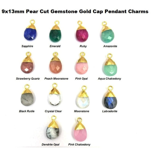 Gold Electroplated Cap Teardrop Pendant | 13x9mm Pear Gemstone Charm | Handmade Jewelry for Her