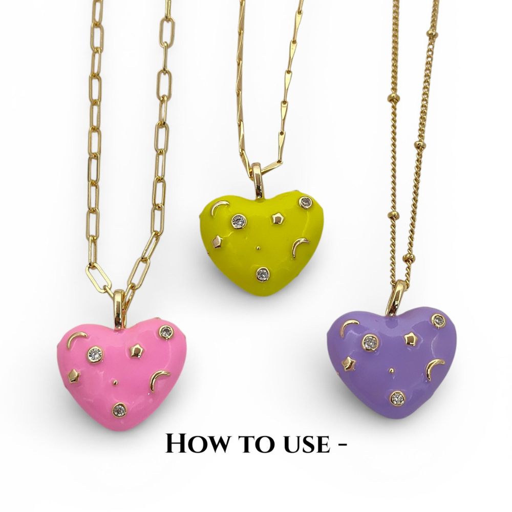 Pink Enamel Celestial CZ Heart Pendant in 18K Gold Plated Finish – Galaxy Star & Moon Inlay DIY Jewelry Charm- Selling Per Piece