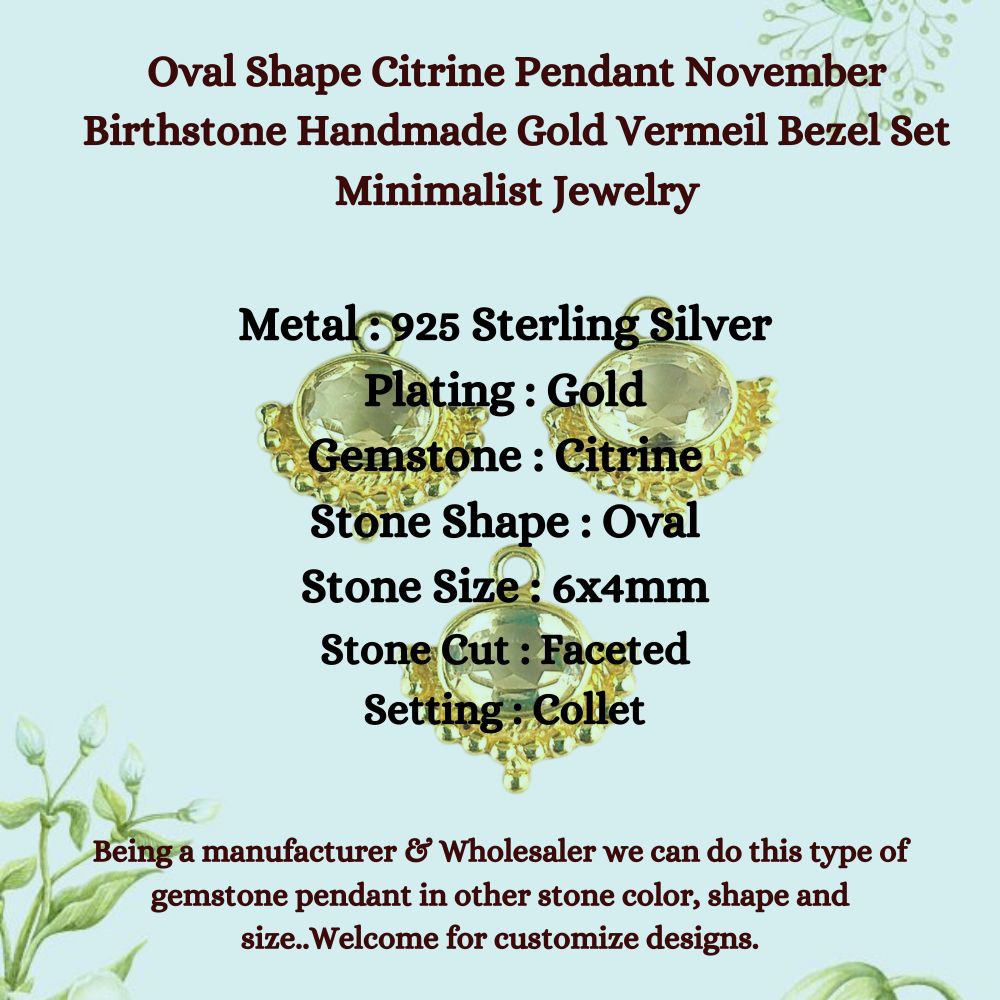 Oval Shape Citrine Pendant November Birthstone Handmade Gold Vermeil Bezel Set Minimalist Jewelry for Her- Selling Per Piece