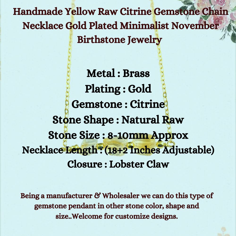 Handmade Yellow Raw Citrine Gemstone Chain Necklace Gold Plated Minimalist November Birthstone Jewelry for Women- Selling Per Piece