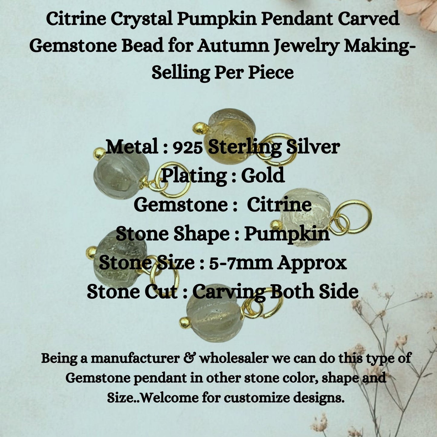 Citrine Crystal Pumpkin Pendant Carved Gemstone Bead for Autumn Jewelry Making- Selling Per Piece