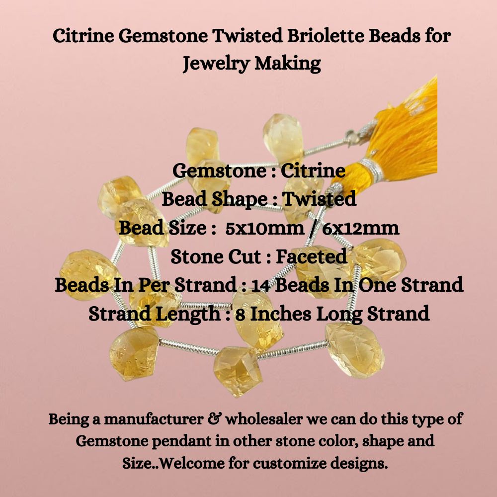 Citrine Gemstone Twisted Briolette Beads for Jewelry Making