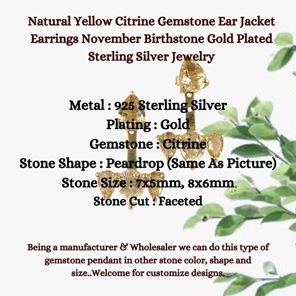 Natural Yellow Citrine Gemstone Ear Jacket Earrings November Birthstone Gold Plated Sterling Silver Jewelry- Selling Per Pair