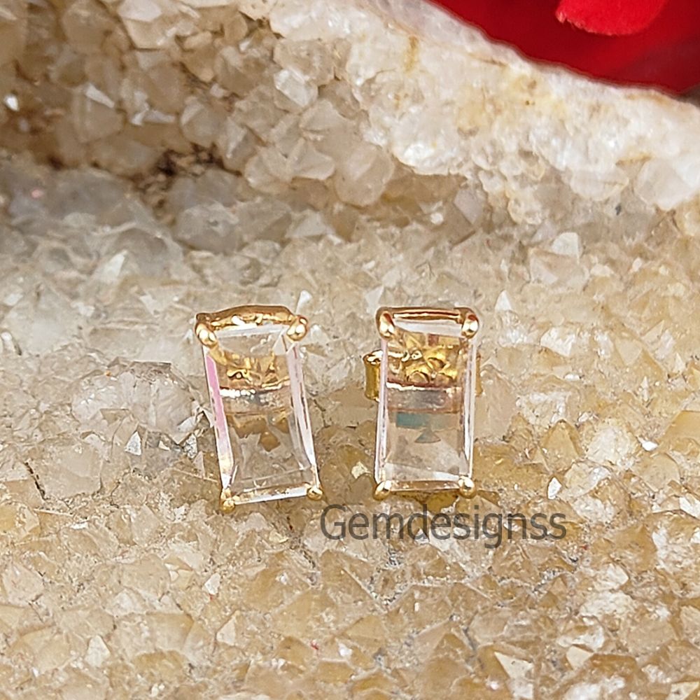 Handmade Multi-Gemstone Studs Gold Vermeil Prong Set Baguette Shape Stud Earrings with Push Back- Selling Per Pair