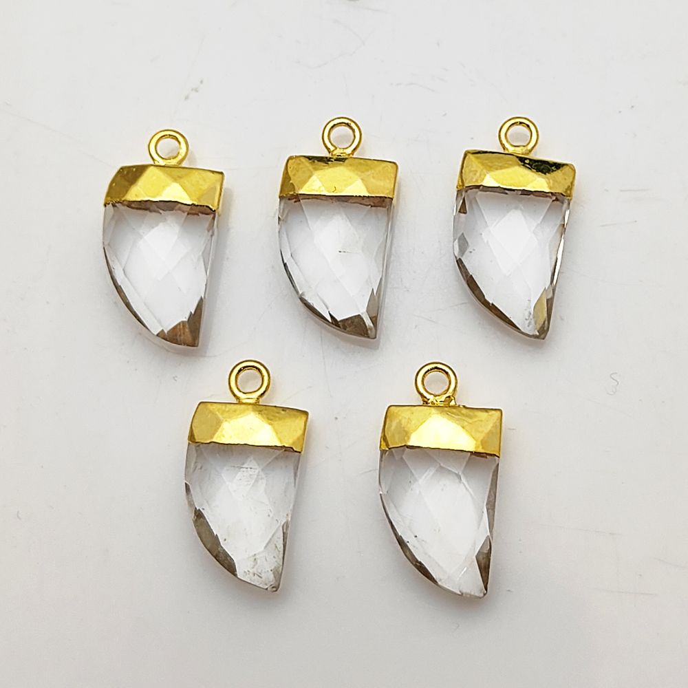 Handmade Clear Quartz Crystal Horn Pendant – Gold Electroplated Boho Jewelry
