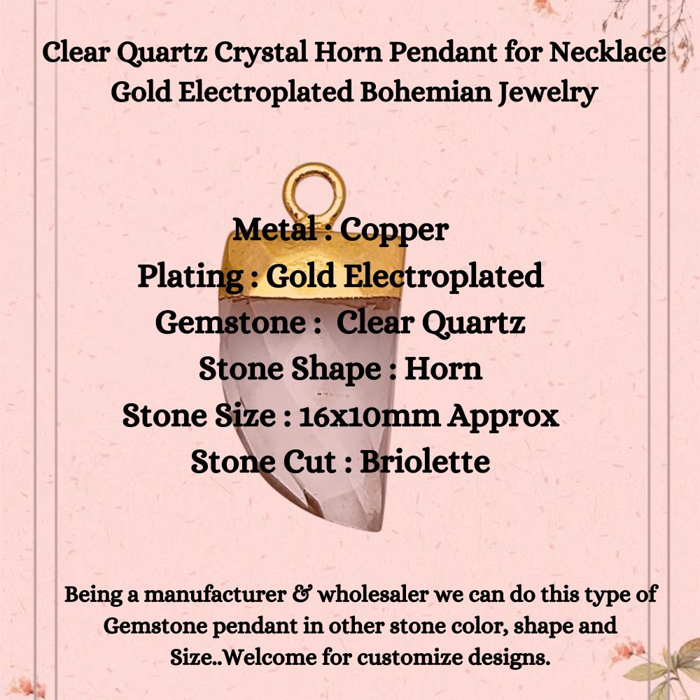 Gold Electroplated Clear Quartz Horn Pendant – Natural Crystal Charm for Necklace