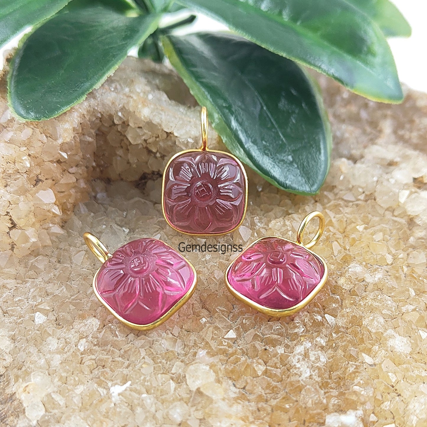 18k Gold Plated Silver Flower Carving Crystal Quartz & Pink Tourmaline Gemstone Charms Pendant- Selling Per Piece