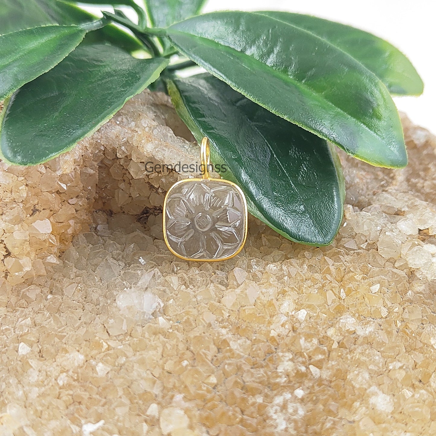 18k Gold Plated Silver Flower Carving Crystal Quartz & Pink Tourmaline Gemstone Charms Pendant- Selling Per Piece