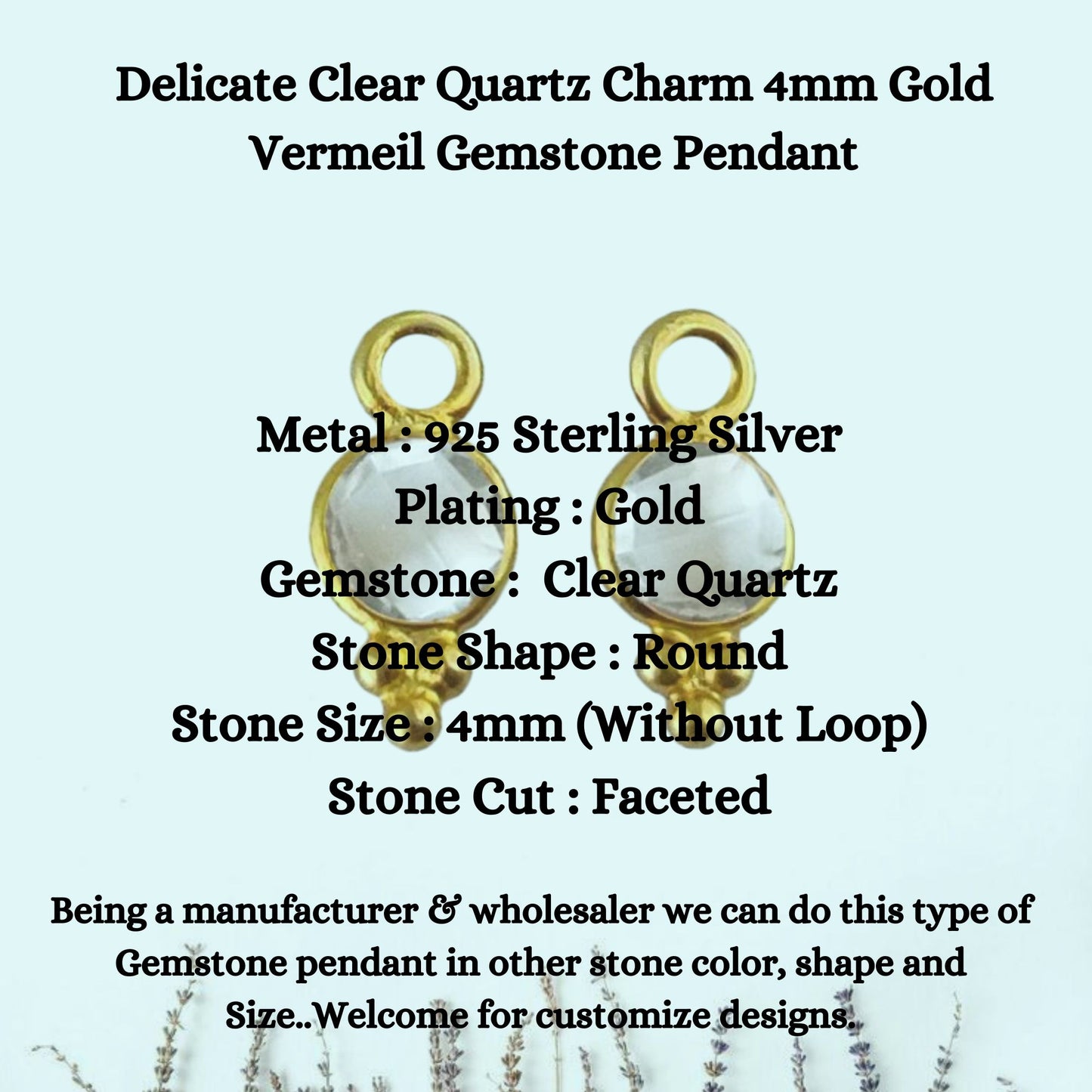 Delicate Clear Quartz Charm 4mm Gold Vermeil Gemstone Pendant