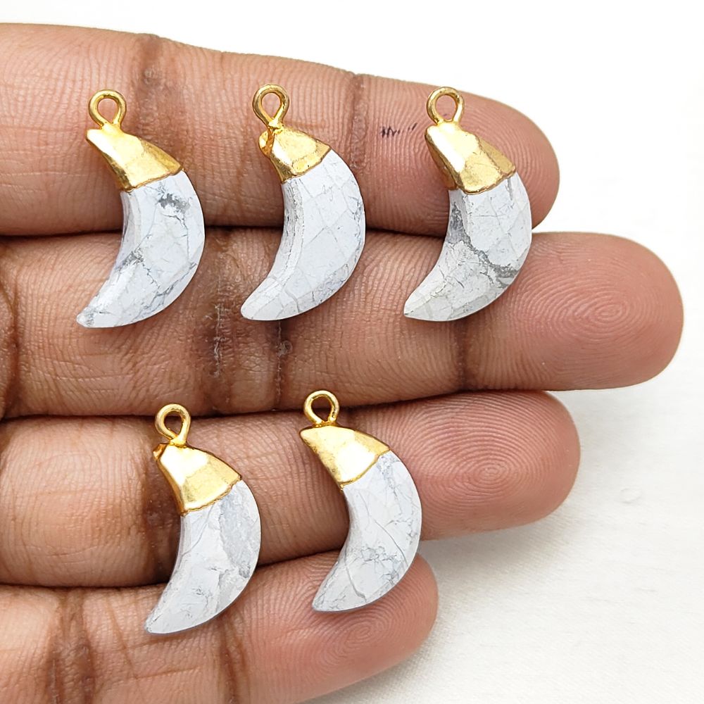Howlite Crescent Pendant – Gold Cap Gemstone Charm for Custom DIY Jewelry Supplies
