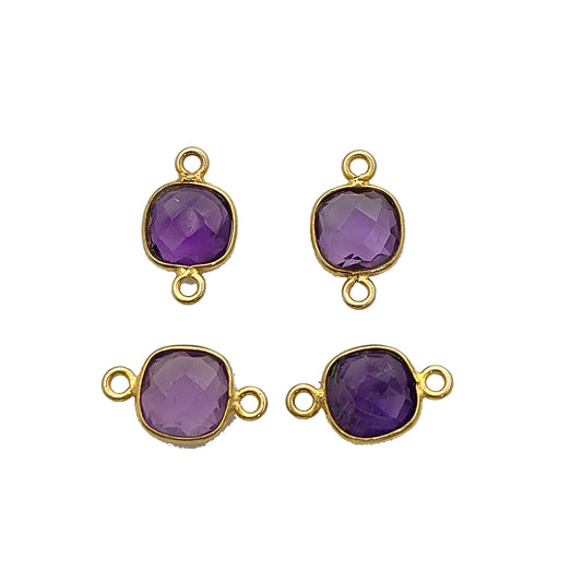 Cushion Shape Amethyst Gemstone Connector Handmade Gold Plated 925 Silver Bezel Charm- Selling Per Piece