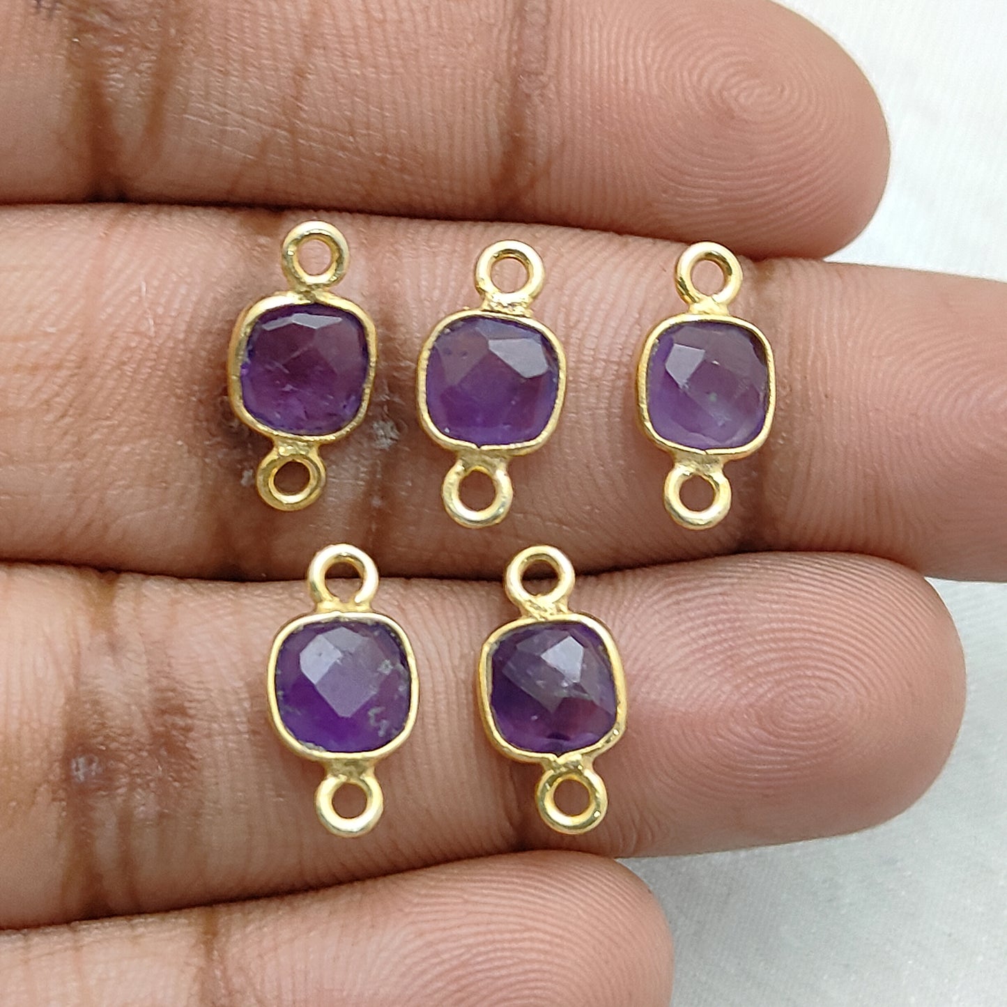 Cushion Shape Amethyst Gemstone Connector Handmade Gold Plated 925 Silver Bezel Charm- Selling Per Piece