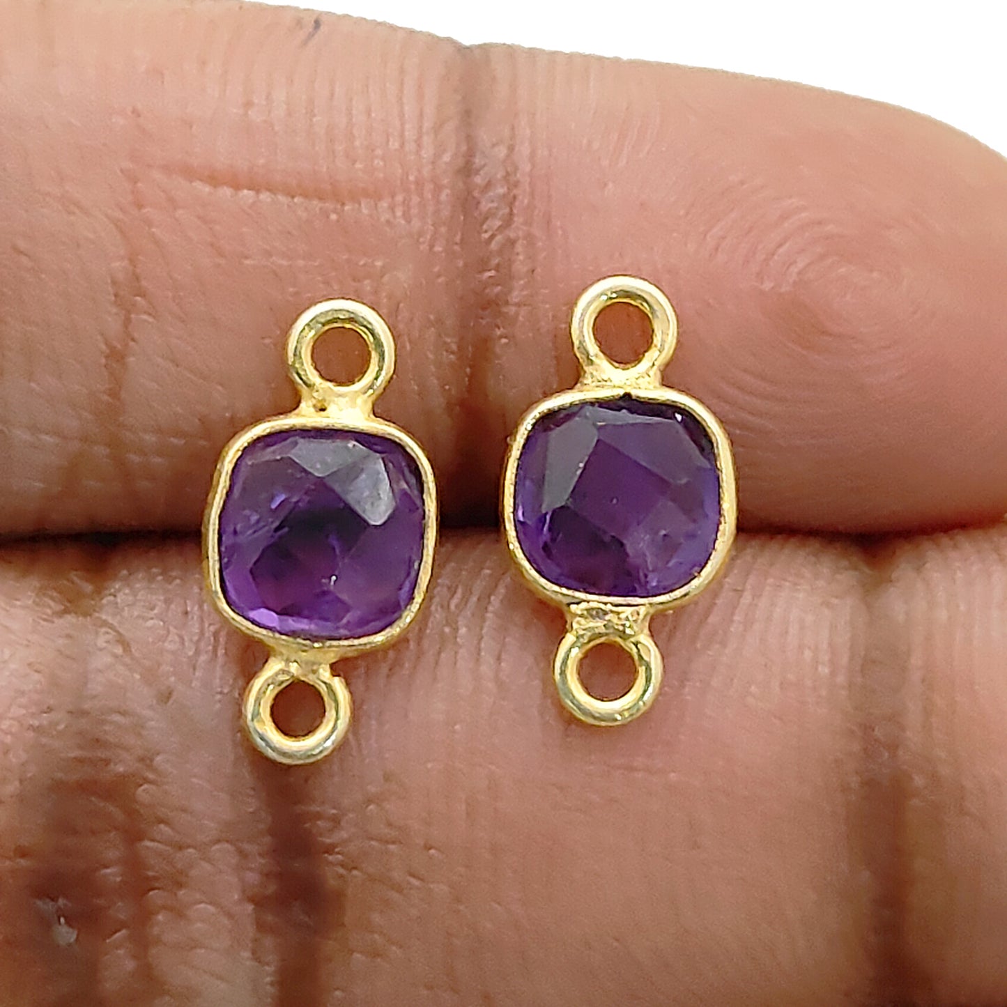 Cushion Shape Amethyst Gemstone Connector Handmade Gold Plated 925 Silver Bezel Charm- Selling Per Piece