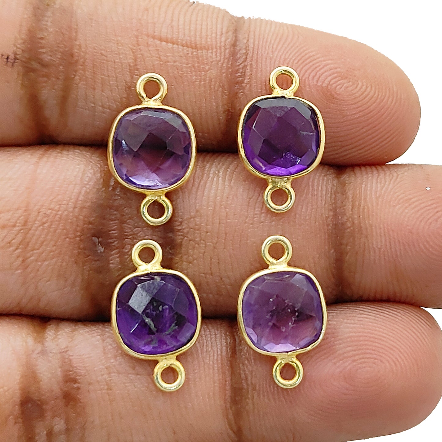 Cushion Shape Amethyst Gemstone Connector Handmade Gold Plated 925 Silver Bezel Charm- Selling Per Piece