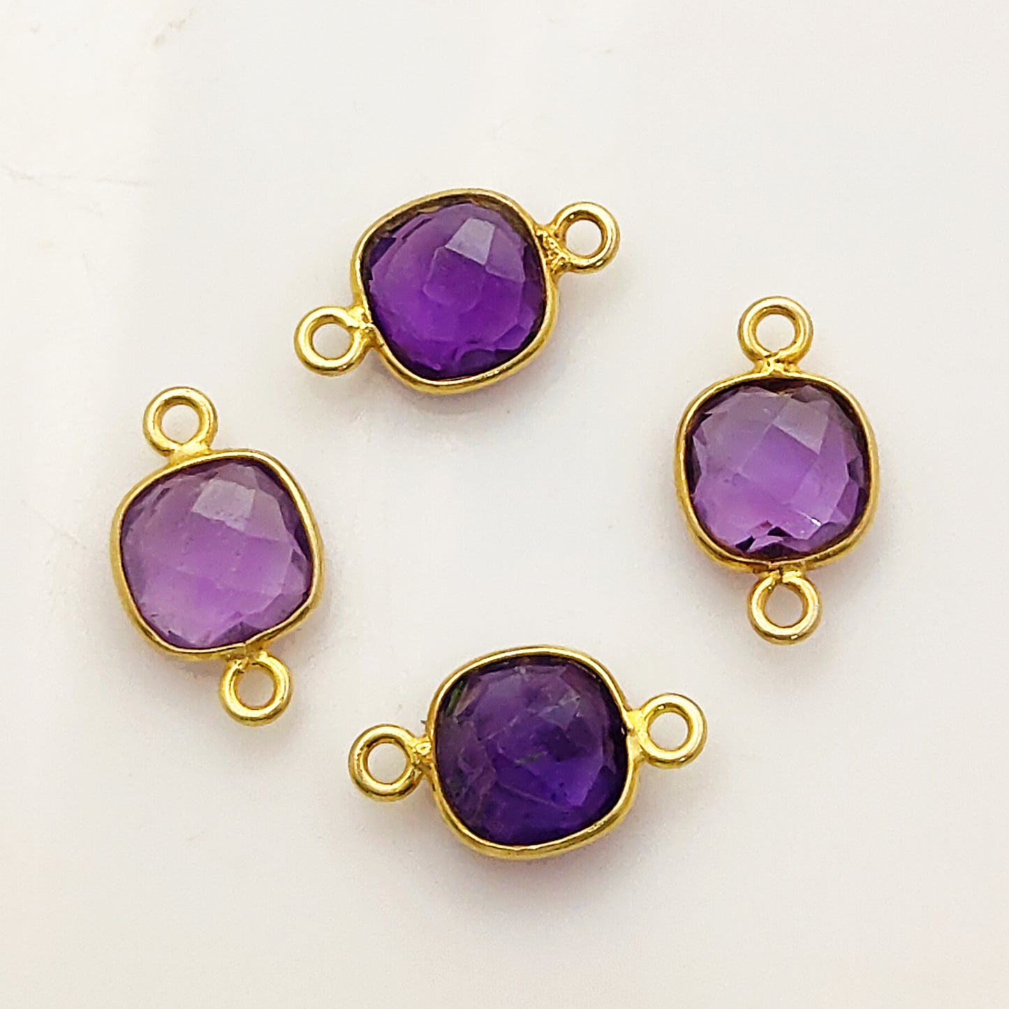 Cushion Shape Amethyst Gemstone Connector Handmade Gold Plated 925 Silver Bezel Charm- Selling Per Piece