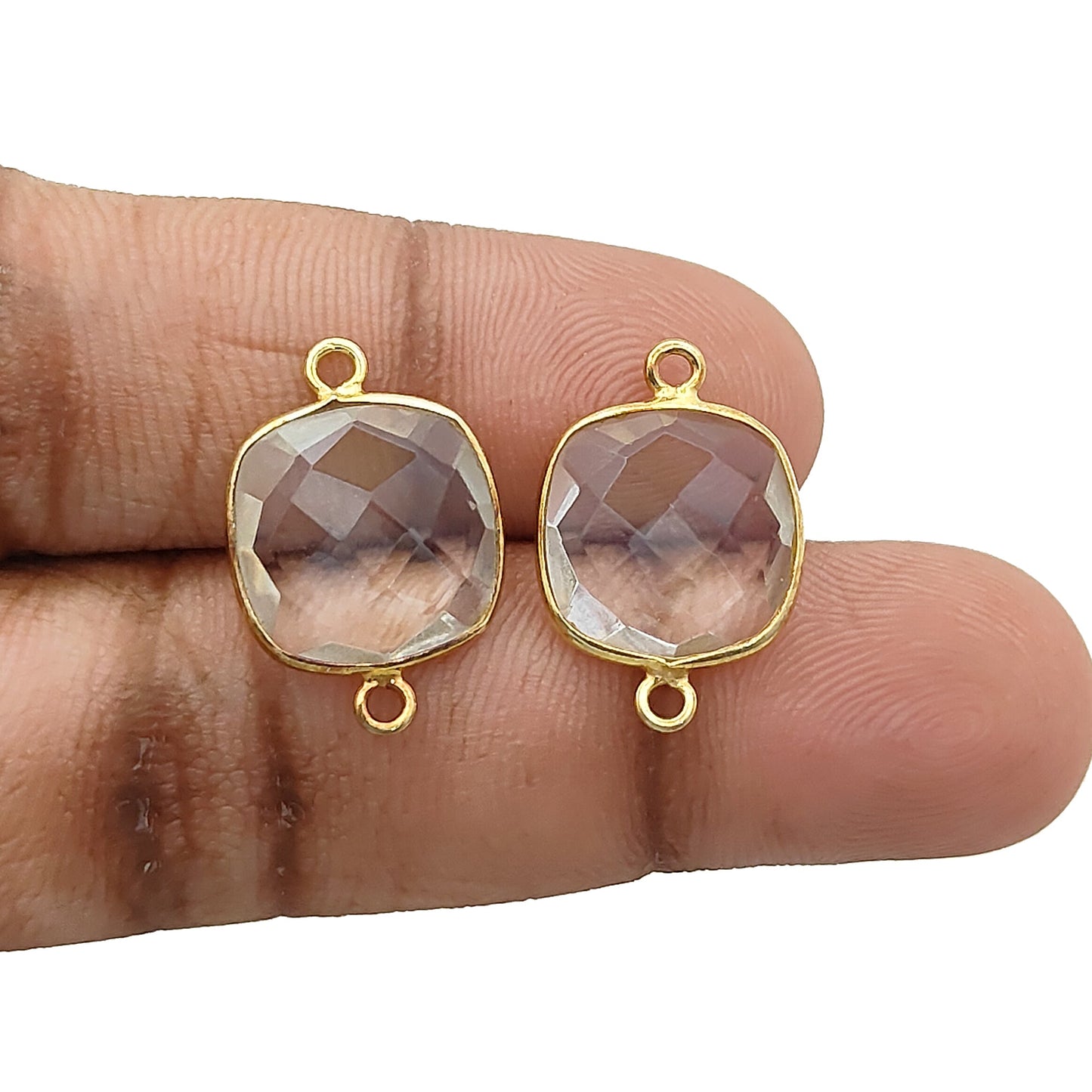 Cushion Crystal Quartz Connector Faceted Clear Quartz in Gold Plated Silver Handmade Charm-Selling Per Piece