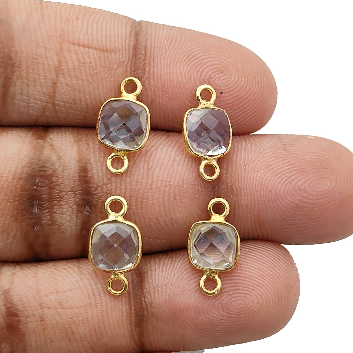Cushion Crystal Quartz Connector Faceted Clear Quartz in Gold Plated Silver Handmade Charm-Selling Per Piece