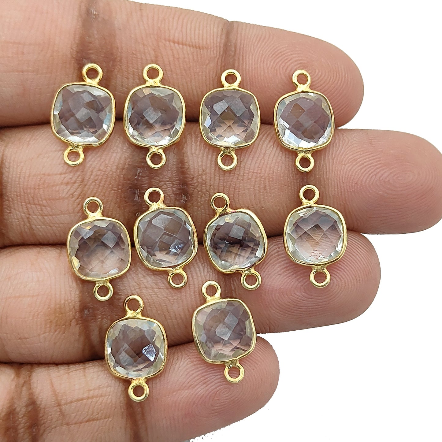 Cushion Crystal Quartz Connector Faceted Clear Quartz in Gold Plated Silver Handmade Charm-Selling Per Piece