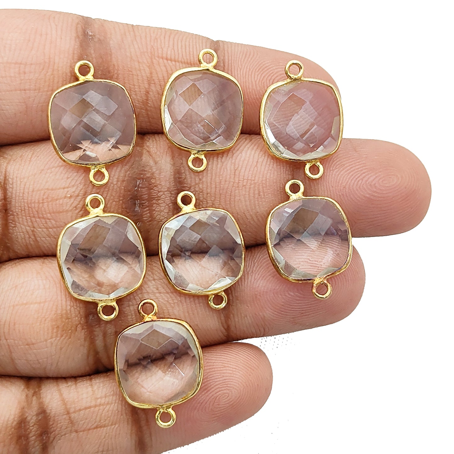 Cushion Crystal Quartz Connector Faceted Clear Quartz in Gold Plated Silver Handmade Charm-Selling Per Piece