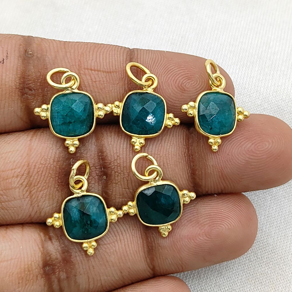 Gold Plated 8mm Emerald Pendant - Cushion Cut Gemstone Sterling Silver Necklace Charm