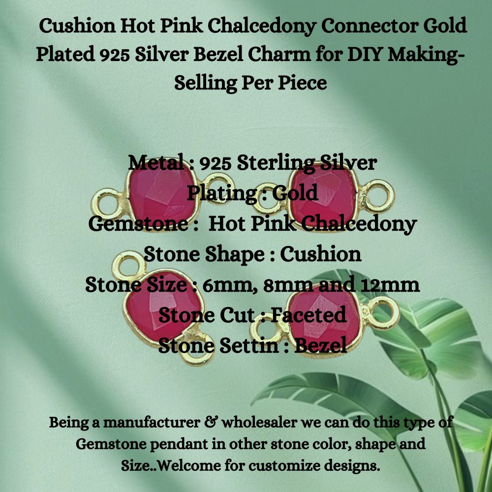 Handmade faceted hot pink chalcedony gemstone bezel charm gold plated silver connector