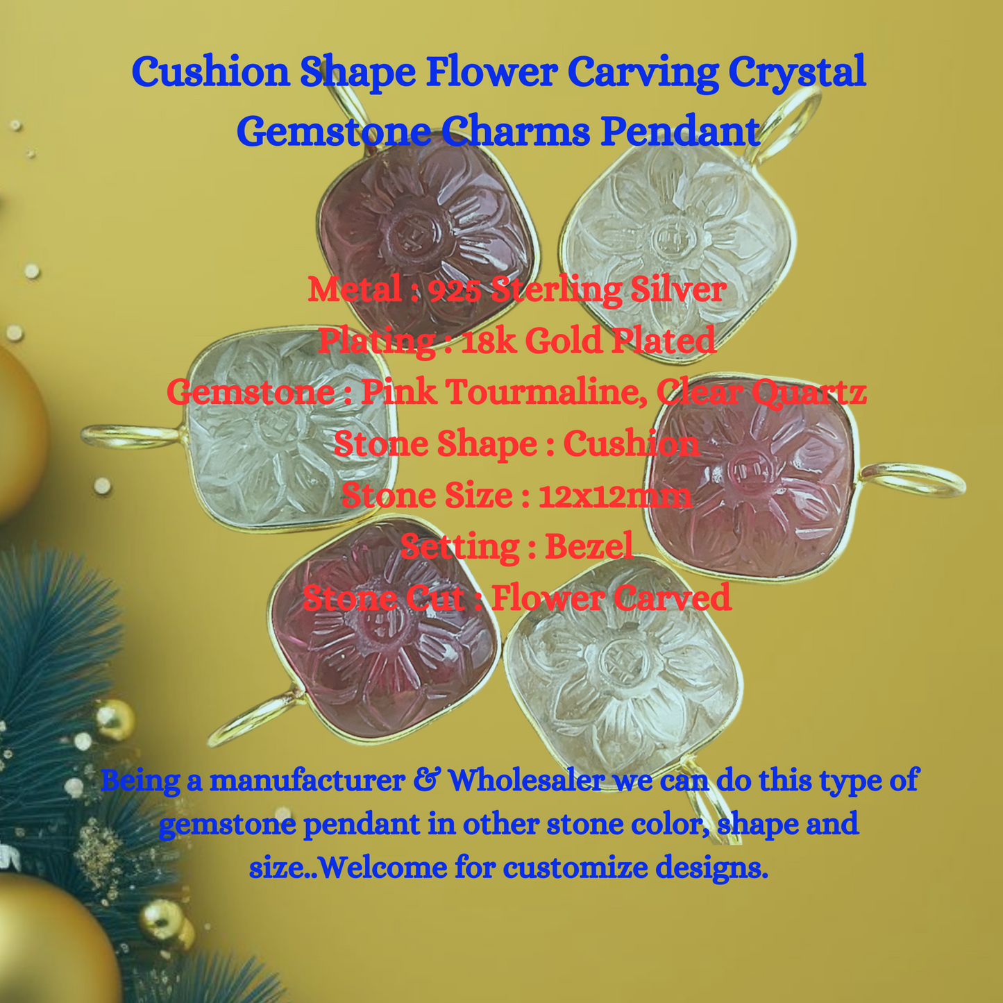 18k Gold Plated Silver Flower Carving Crystal Quartz & Pink Tourmaline Gemstone Charms Pendant- Selling Per Piece