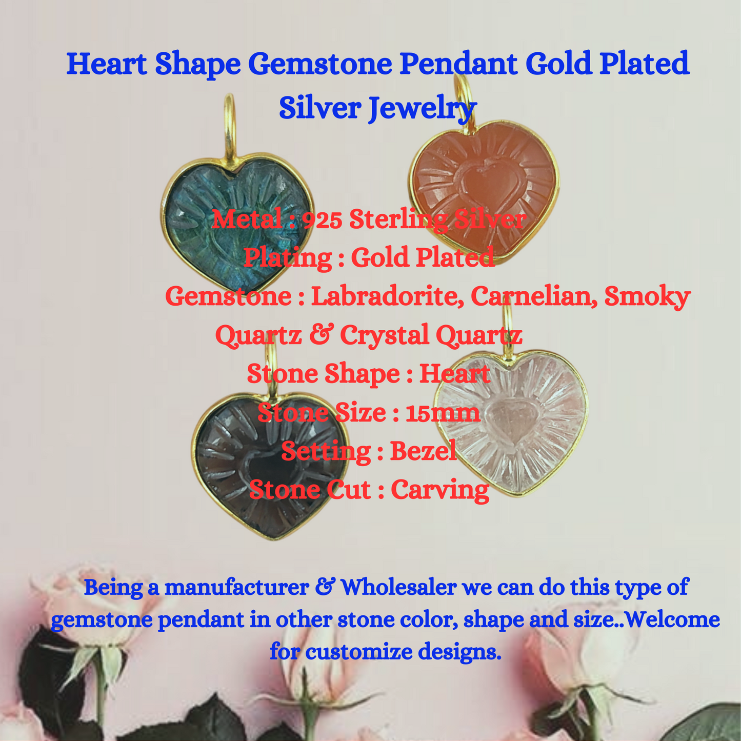 15mm Heart Carved Gemstone Pendant Gold Plated Silver Handmade Birthstone Jewelry- Selling Per Piece