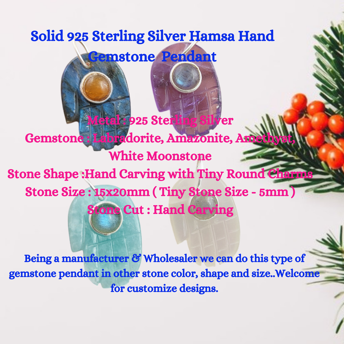 Solid 925 Sterling Silver Hamsa Hand Gemstone  Pendant Spiritual Minimalist Jewelry For Gift - Selling Per Piece