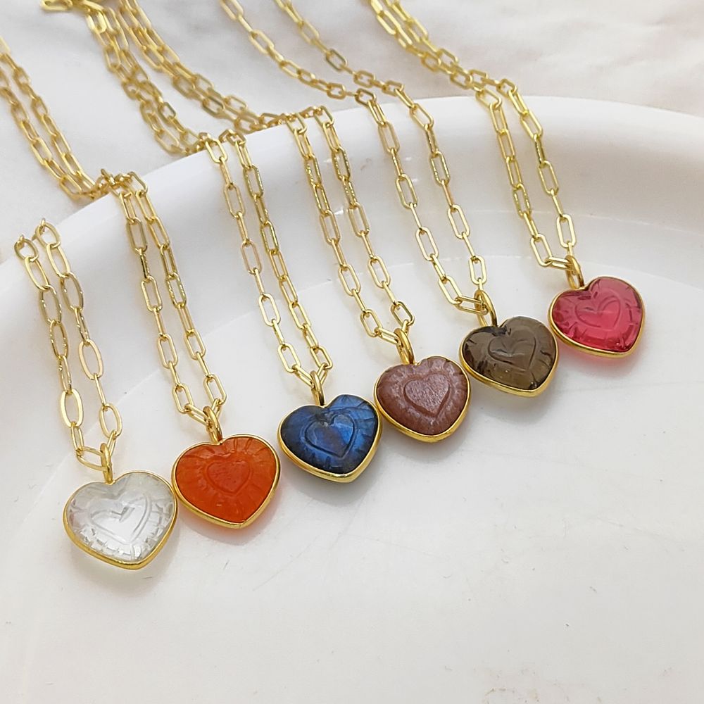 Dainty Clear Quartz Heart Gemstone Necklace Hand-Carved Pendant on Gold Paperclip Chain Jewelry Gift- Selling Per Piece