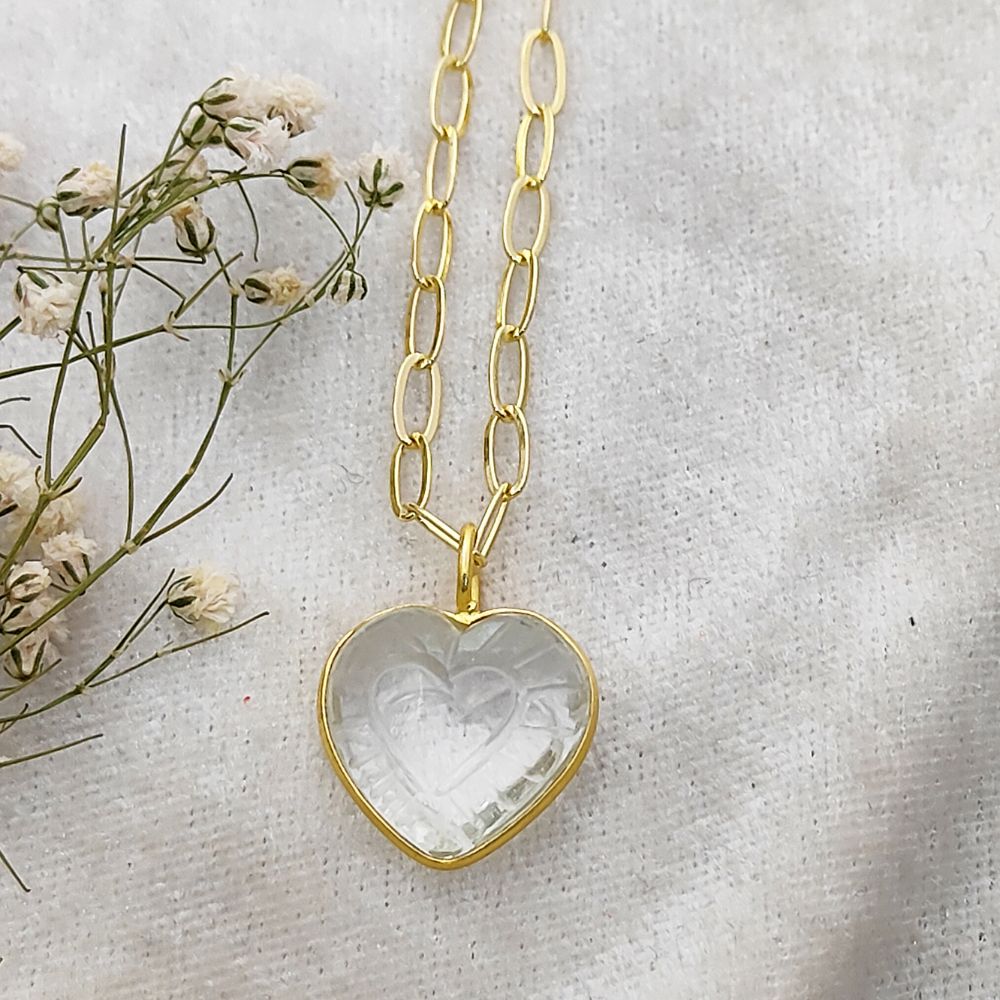 Dainty Clear Quartz Heart Gemstone Necklace Hand-Carved Pendant on Gold Paperclip Chain Jewelry Gift- Selling Per Piece
