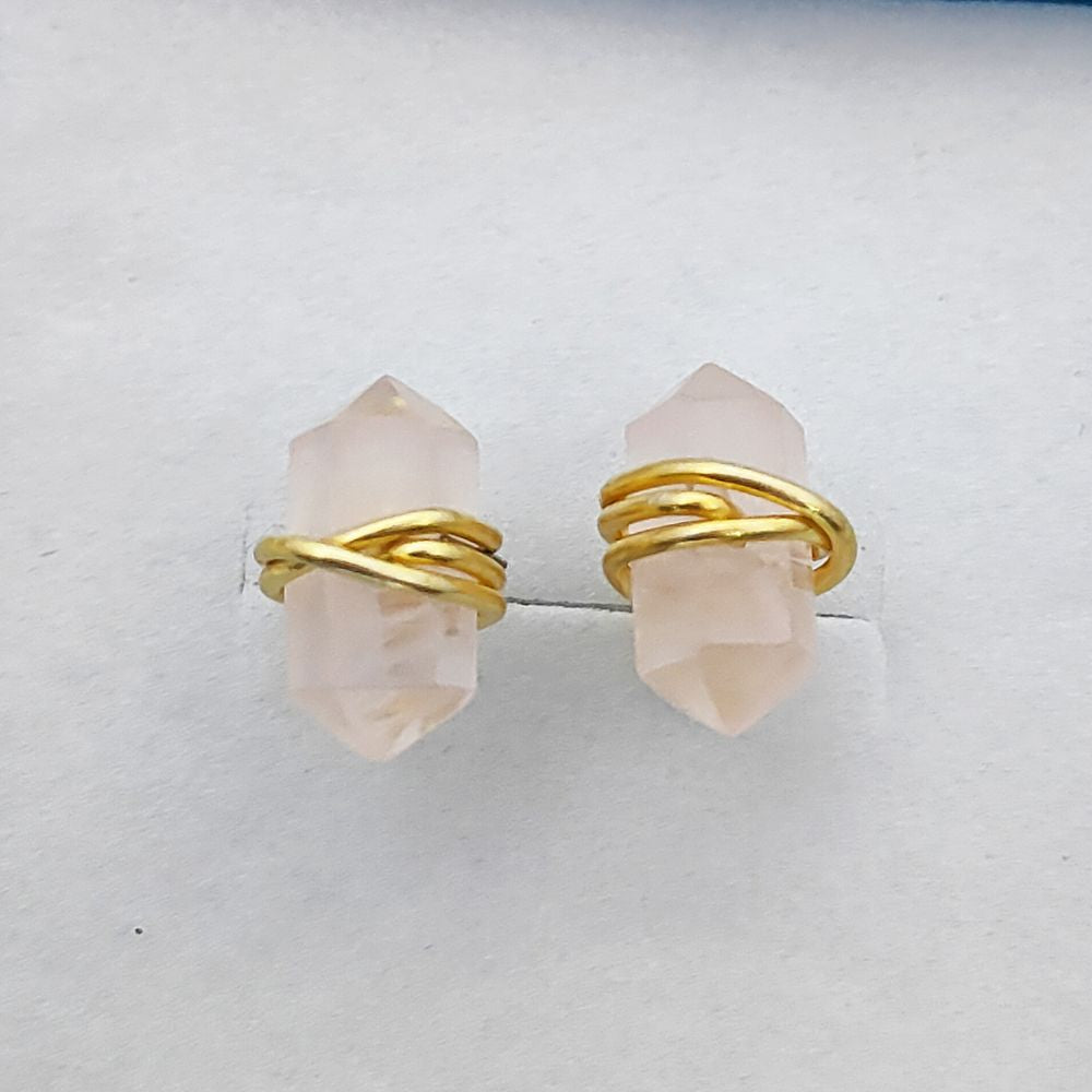 Dainty Rose Quartz Stud Earrings 12x5mm Double Point Crystal Handmade Gold Vermeil Gemstone Jewelry- Selling Per Pair