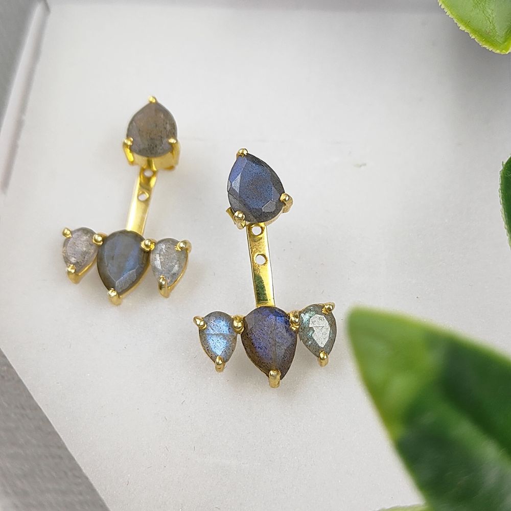 Dainty Blue Fire Natural Labradorite Ear Jacket Pear Shape Gemstone Earrings in Gold Plated Sterling Silver- Selling Per Pair