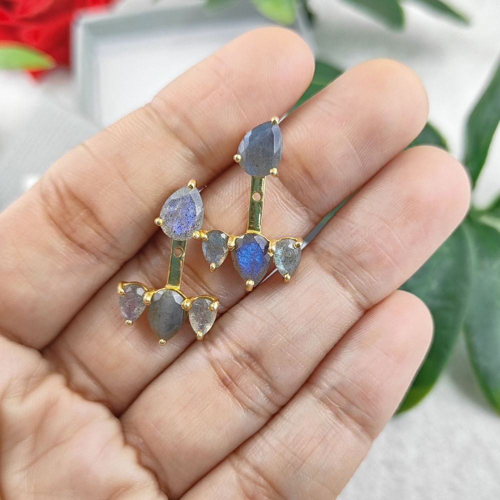 Mystic Labradorite Ear Jacket – Minimalist Gold Plated Gemstone Earrings