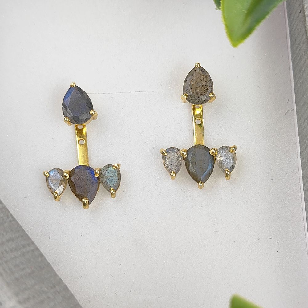 Dainty Blue Fire Labradorite Ear Jacket – Pear Shape Gold Plated Earrings