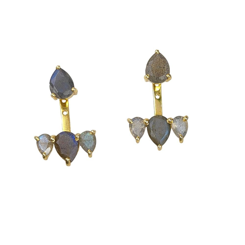 Dainty Blue Fire Natural Labradorite Ear Jacket Pear Shape Gemstone Earrings in Gold Plated Sterling Silver- Selling Per Pair
