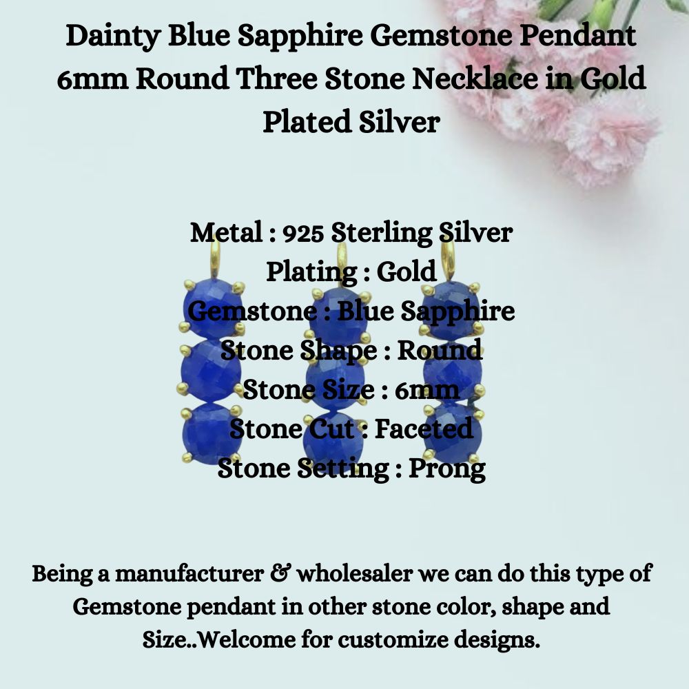 Handmade three-stone sapphire necklace in gold finish