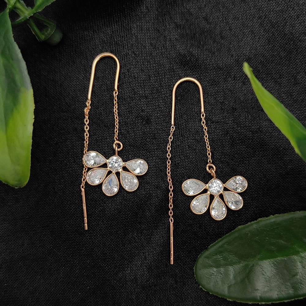 Minimalist CZ Drop Earrings Threader Style Rose Gold Plated Sterling Silver Pear Cut Handmade Jewelry