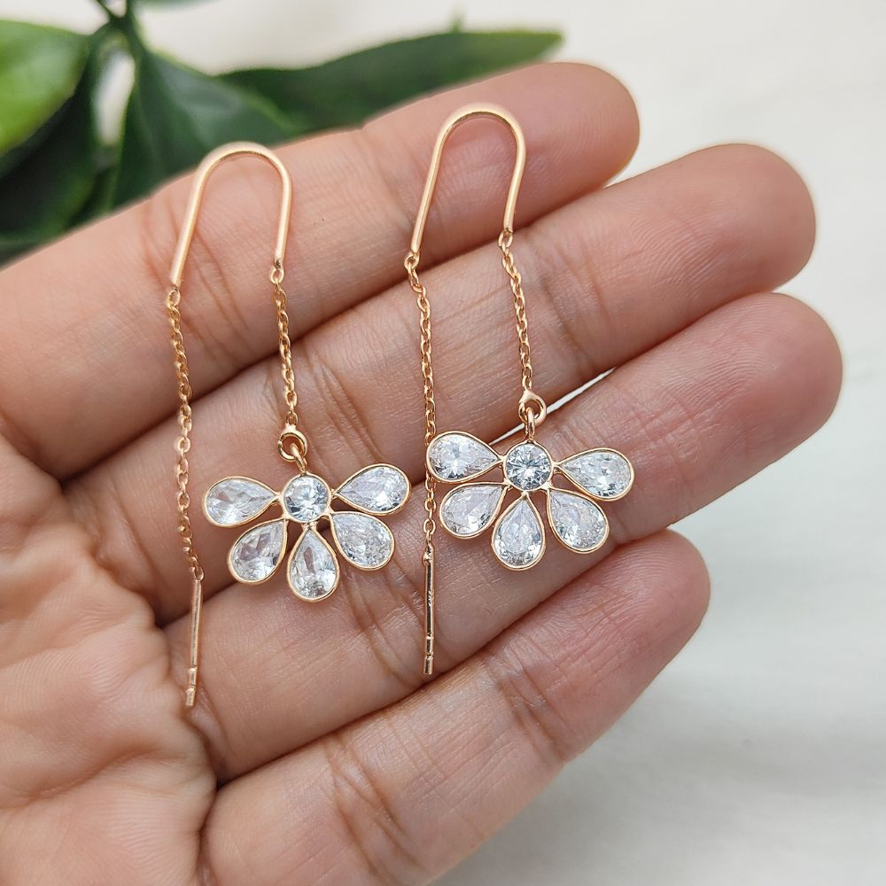Delicate Cubic Zirconia Earrings Rose Gold Threaders Sterling Silver Pear Drop Handmade Jewelry