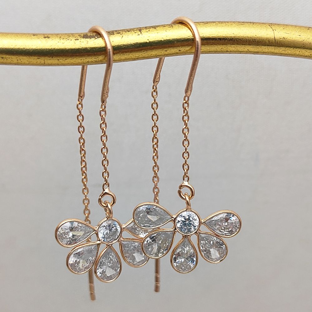 Sterling Silver CZ Threader Earrings Rose Gold Pear Cut Drop Lightweight Dainty Jewelry for Women