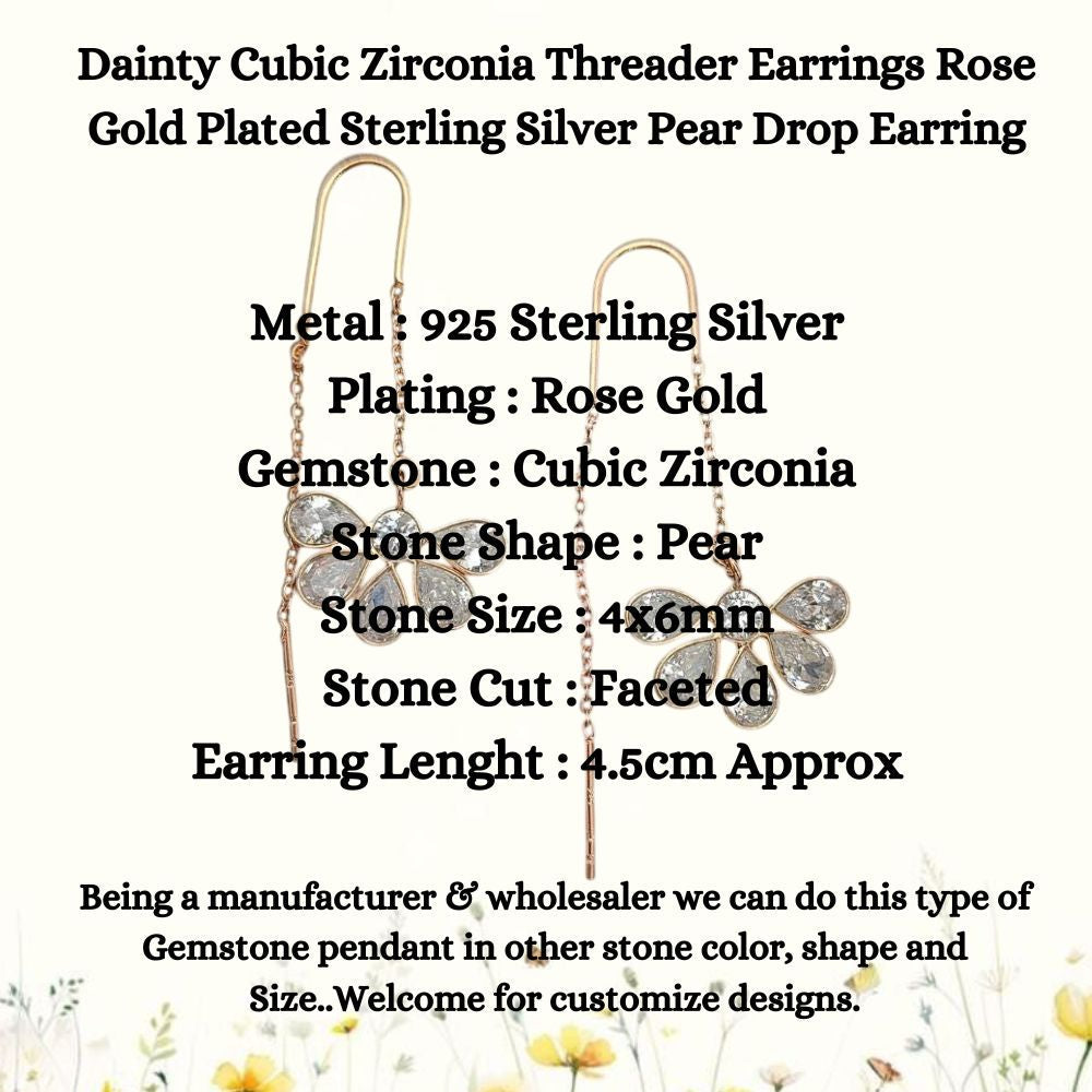 Handmade Threader Earrings CZ Pear Drop Rose Gold over Sterling Silver Delicate Minimalist Jewelry