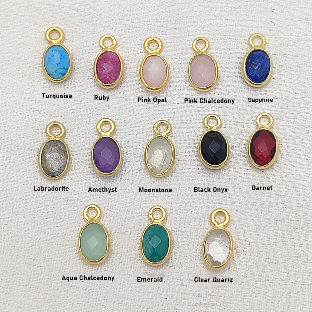 Minimalist gold charm necklace with multi-color gemstones