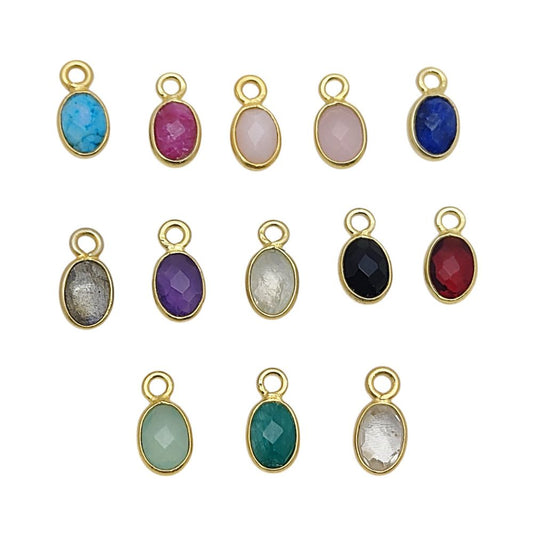 Dainty multi-gemstone oval pendant with 4x6mm charms in gold setting