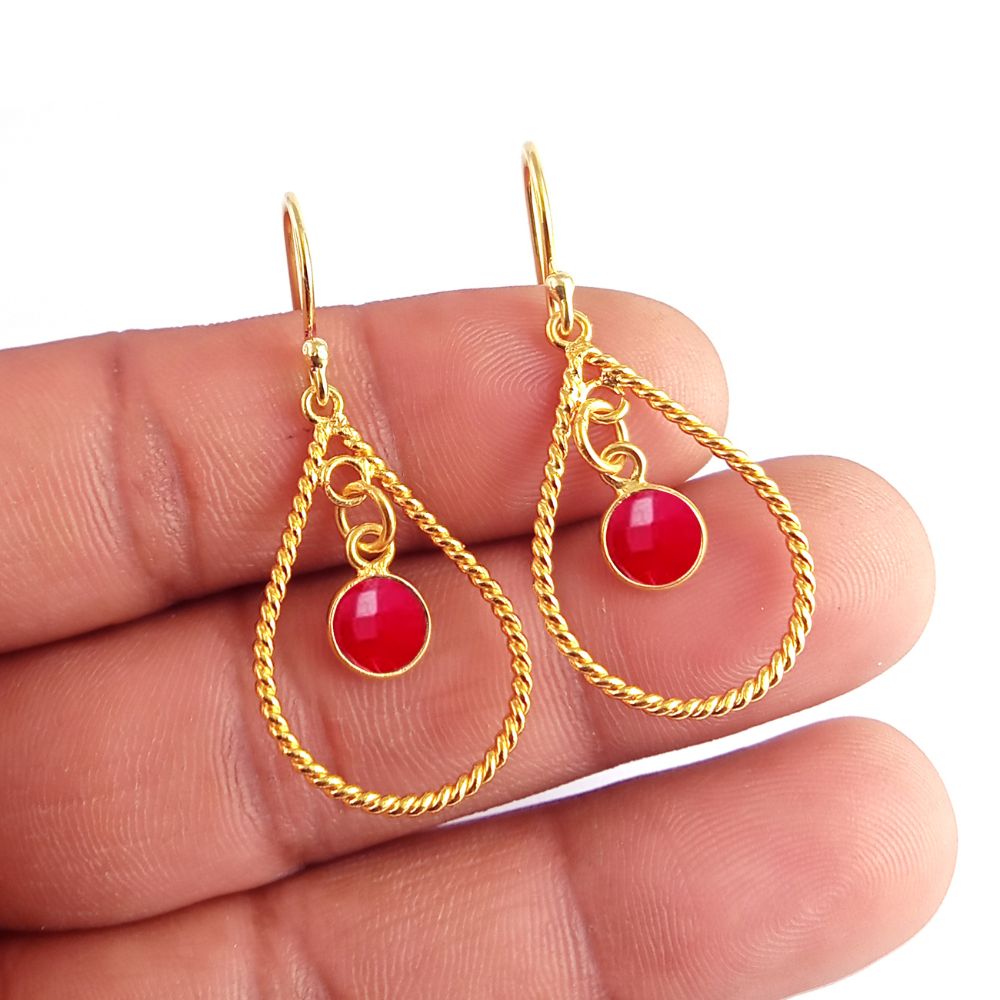 Red Ruby Earrings for Women – Dainty Gold Plated Drops – Handmade Gemstone Jewelry