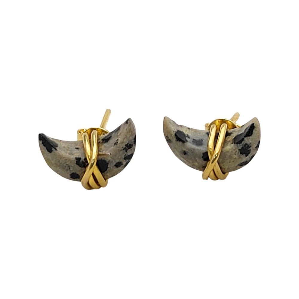 Dalmatian Jasper Half Moon Stud Earrings Handmade Gold Plated Sterling Silver Minimalist Gemstone Jewelry- Selling Per Piece