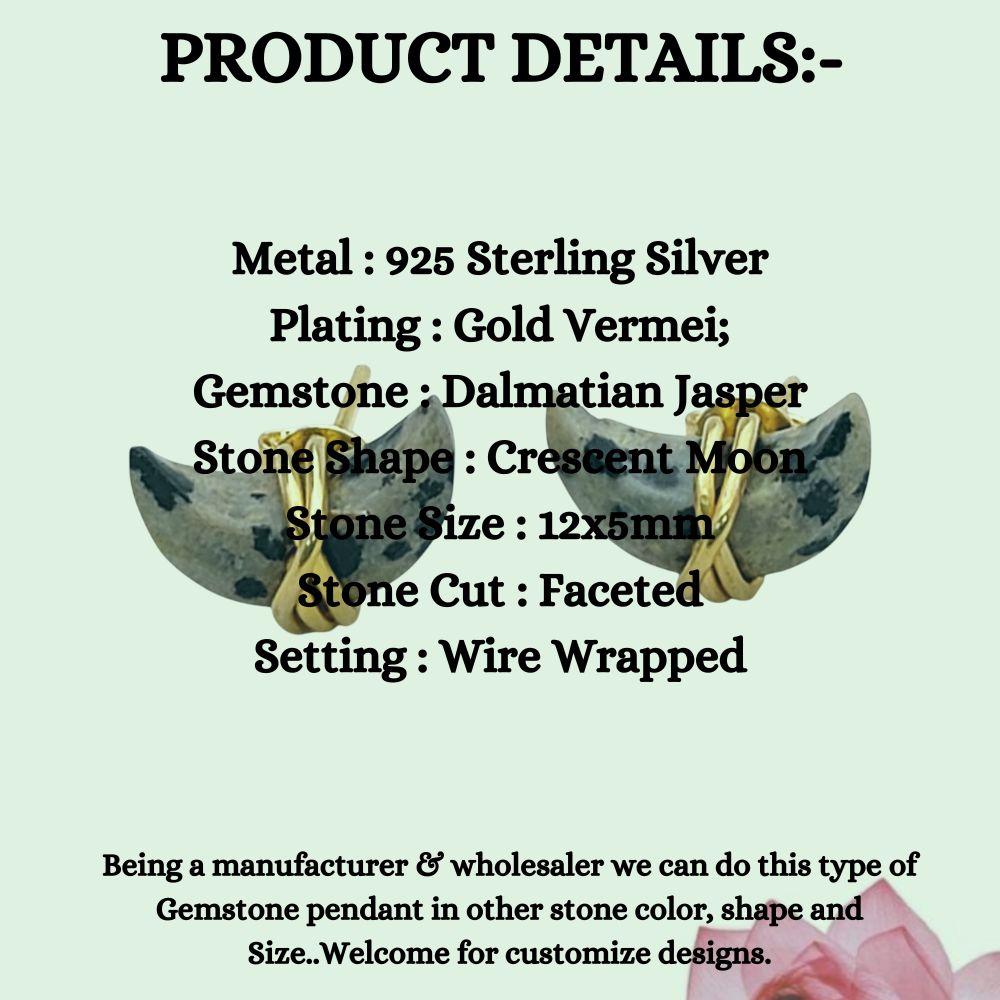 Dalmatian Jasper Half Moon Stud Earrings Handmade Gold Plated Sterling Silver Minimalist Gemstone Jewelry- Selling Per Piece