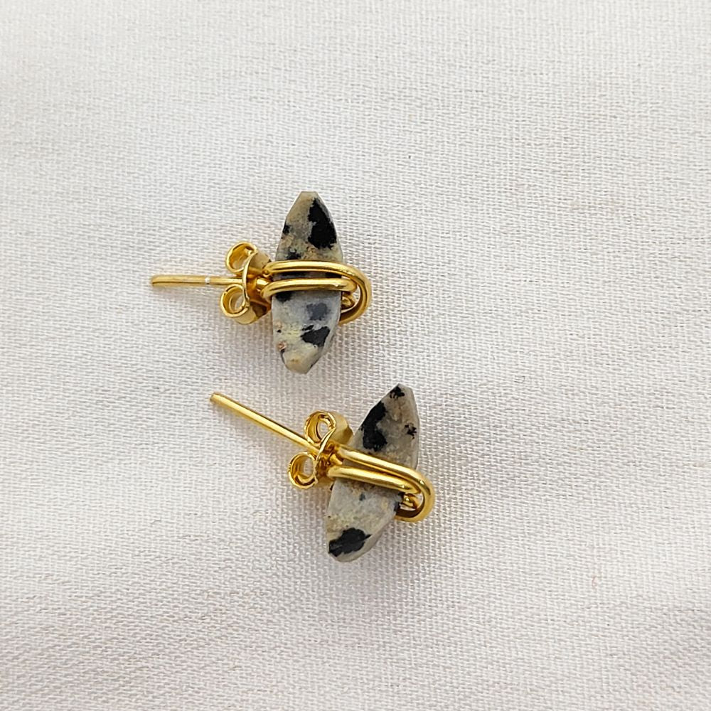 Dalmatian Jasper Half Moon Stud Earrings Handmade Gold Plated Sterling Silver Minimalist Gemstone Jewelry- Selling Per Piece
