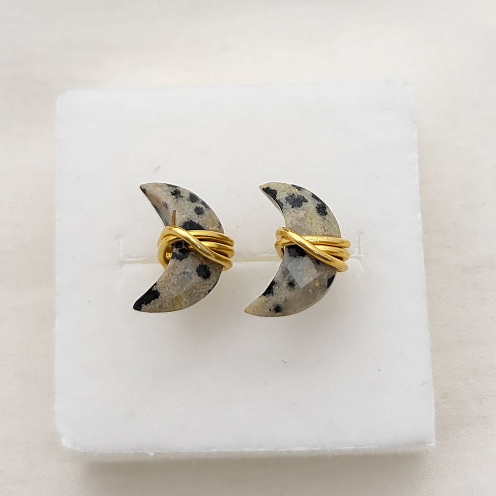 Dalmatian Jasper Half Moon Stud Earrings Handmade Gold Plated Sterling Silver Minimalist Gemstone Jewelry- Selling Per Piece