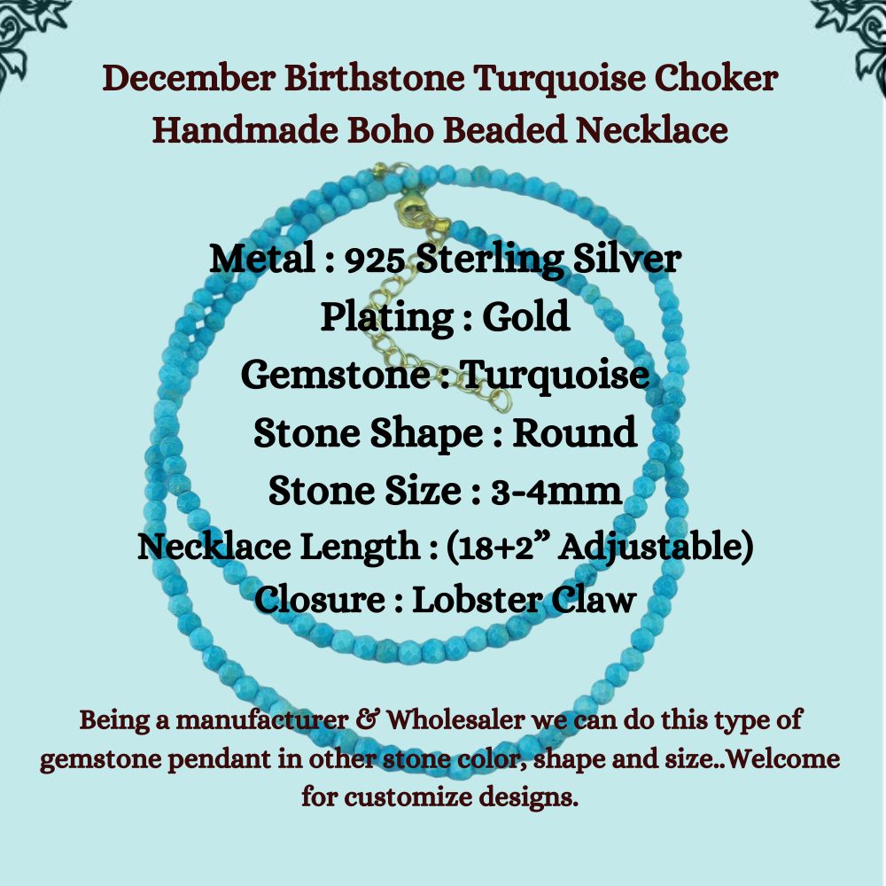 December Birthstone Turquoise Choker Handmade Boho Beaded Necklace Gold Plated Sterling Silver Jewelry for Women (Adjustable 18+2 Inch Chain) – Selling/Piece