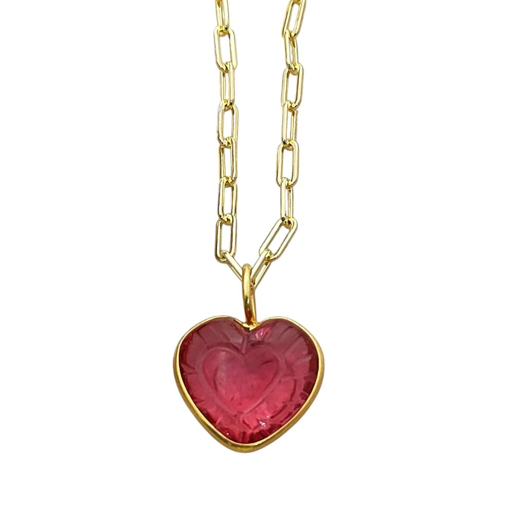 Delicate Pink Tourmaline Heart Necklace Gold Plated Paperclip Chain with Hand-Carved Gemstone Meaningful Jewelry Gift- Selling Per Piece