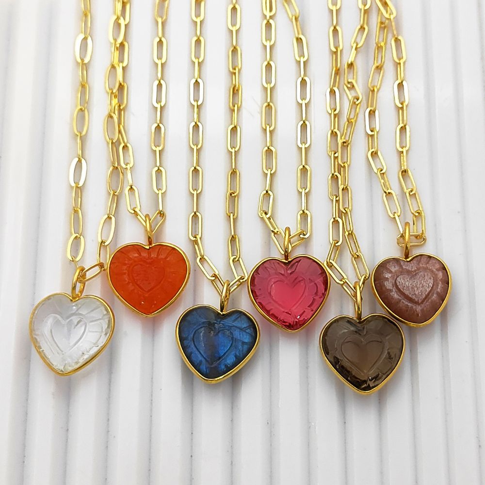 Delicate Pink Tourmaline Heart Necklace Gold Plated Paperclip Chain with Hand-Carved Gemstone Meaningful Jewelry Gift- Selling Per Piece